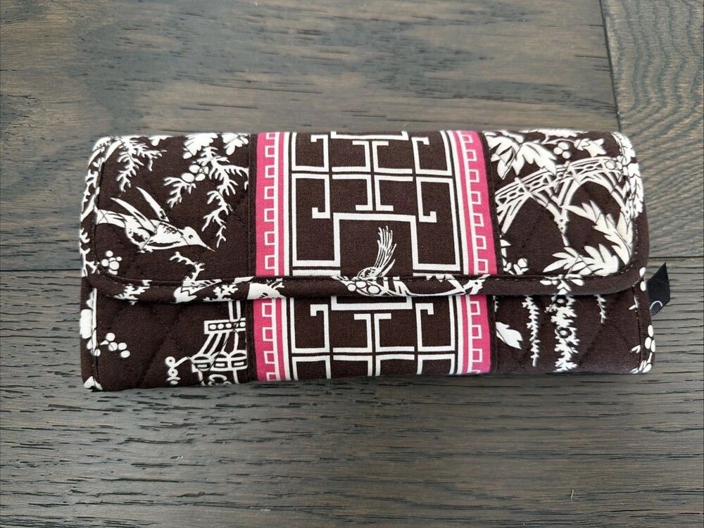 Vera Bradley Imperial Toile Brown Pink Bird Tri Fold Clutch Bag Purse No Strap